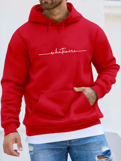 Men's winter casual fashion loose plus size simple letter printed fleece pullover long sleeved hooded sweatshirt