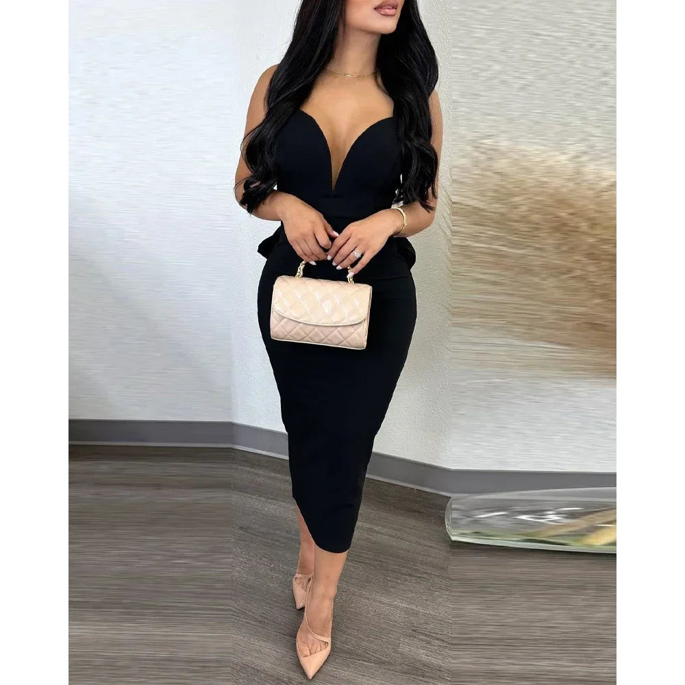 Party Dresses Women Plunging V-neck Sleeveless Backless Bowknot Ruffles Back Bodycon Midi Dress