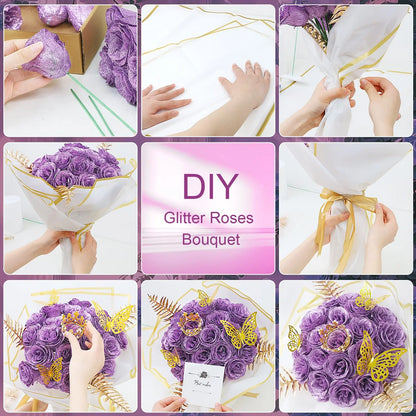 DIY Glitter Roses Bouquet 24 Pack Fake Shiny Flowers with Stems Eternal Floral Wedding Bouquets Anniversary Birthday Party Decor