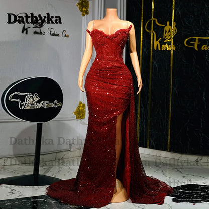 Dathyka Fashionable Crystals Prom Dresses for Women Sequin Mermaid Slit Pleat Strapless Evening Gown Vestidos De Gala Customized