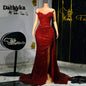 Dathyka Fashionable Crystals Prom Dresses for Women Sequin Mermaid Slit Pleat Strapless Evening Gown Vestidos De Gala Customized