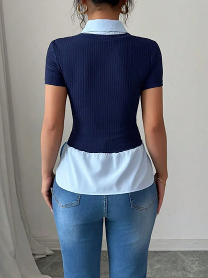 Women's T-shirt Spring Summer Navy Blue Light Blue Contrast Ruffle Hem Valentine's Day Elegant Casual Daily Office Top