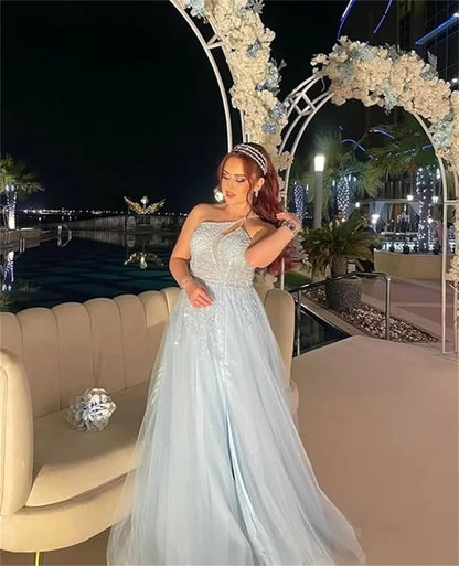 Customized Beaded Tulle Prom Dresses 2025 with Pockets Spaghetti Strap Formal Evening Dresses with Slit