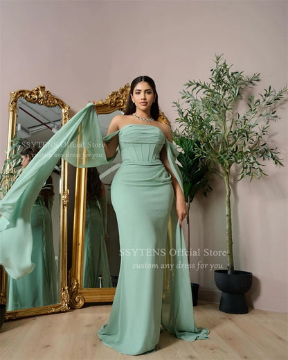 SSYTENS Green Chiffon Evening Dresses Mermaid Formal Occasion Dresses Cape Sleeves Off Shoulder Women Prom Party Gown Customized
