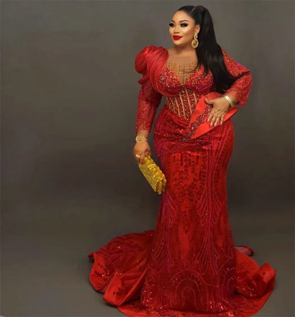 Luxury Red Mermaid Evening Dress Crystal Beading Birthday Wedding Prom Party Gowns Aso Ebi Robes De Soirée Customized