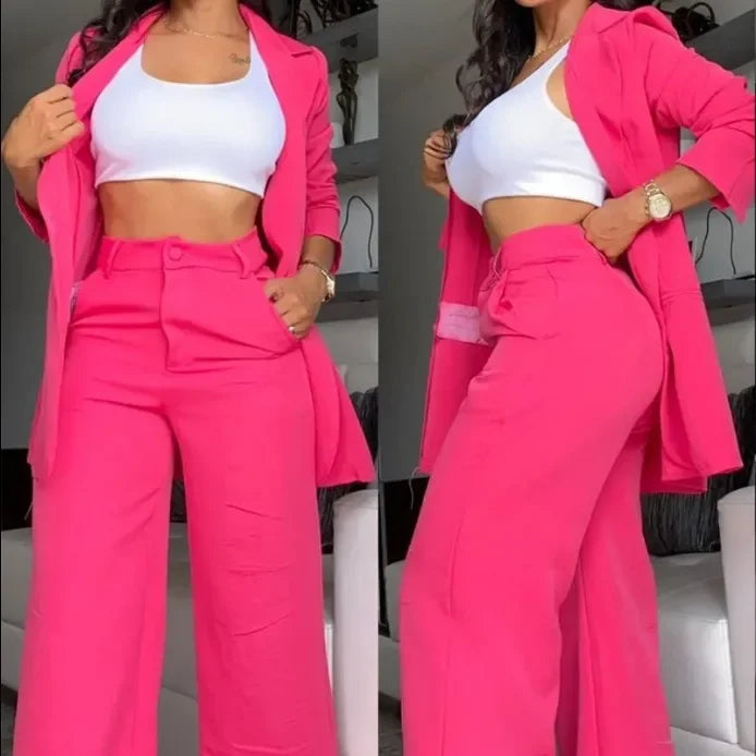 Two  Piece Sets Pants Turn Down Collar Single Breasted Tracksuit Outerwear Ankle Length Straight Pockets Loose