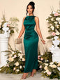SOLERSUN Women's Elegant Solid Color Drape Neck Ruched Sleeveless Party Dress,Perfect For Banquets