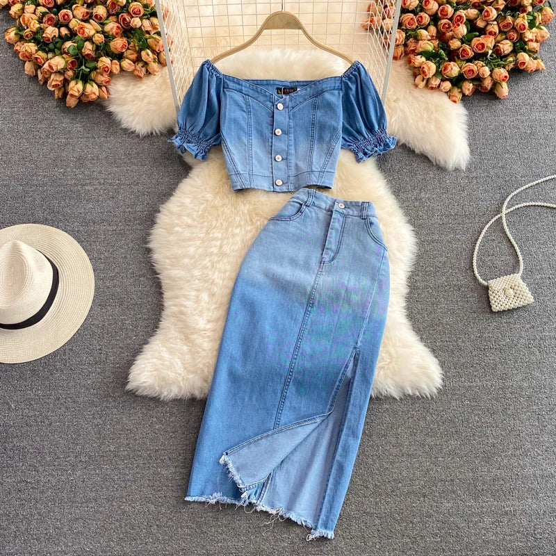 Women Denim 2 Piece Sets Long Skirt Top Suit Skirts Tops Single Breasted Outfits Washed Distressed Summer Casual Ensemble
