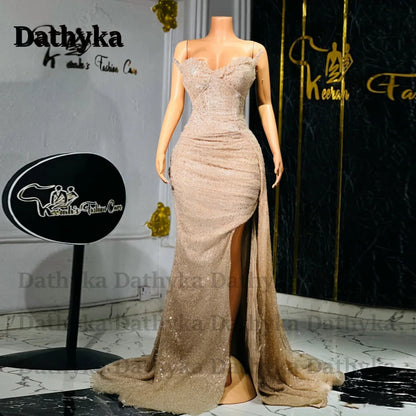 Dathyka Fashionable Crystals Prom Dresses for Women Sequin Mermaid Slit Pleat Strapless Evening Gown Vestidos De Gala Customized
