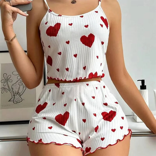 Women's Pajama Set Breathable Soft Casual Love Printed Design Sweet Home Strap Shorts Pajamas