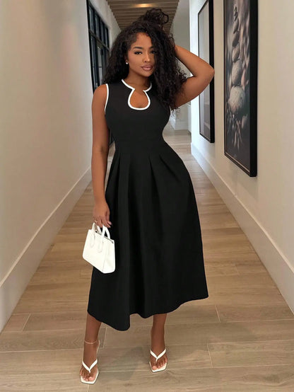 Black Solid A-Line Dress with White Trim U-Neck, Sleeveless Midi for Office or Casual