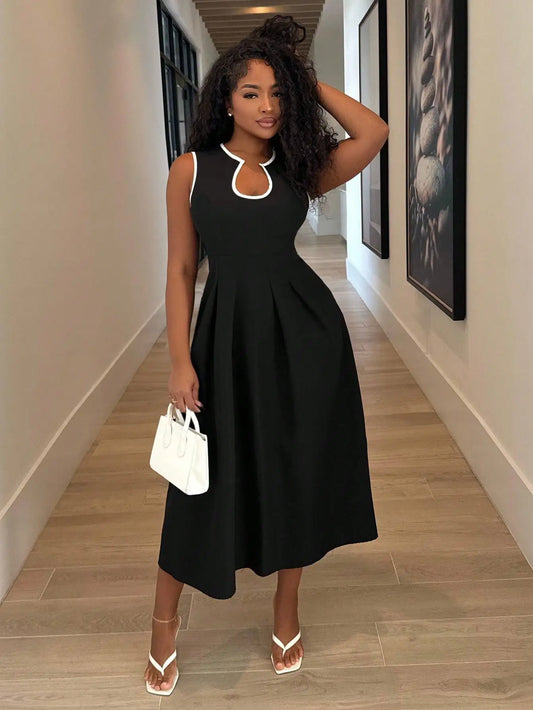Black Solid A-Line Dress with White Trim U-Neck, Sleeveless Midi for Office or Casual