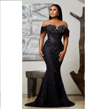 Sexy Black Prom Dresses Off the Shoulder Mermaid Formal Gowns for African Women Luxury Crystals Beaded Evening Dress