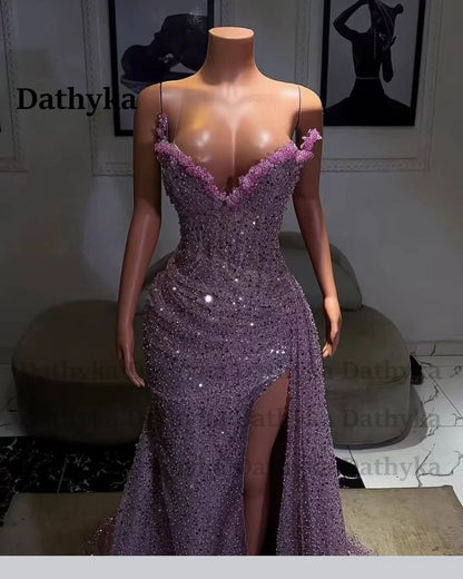 Dathyka Fashionable Crystals Prom Dresses for Women Sequin Mermaid Slit Pleat Strapless Evening Gown Vestidos De Gala Customized