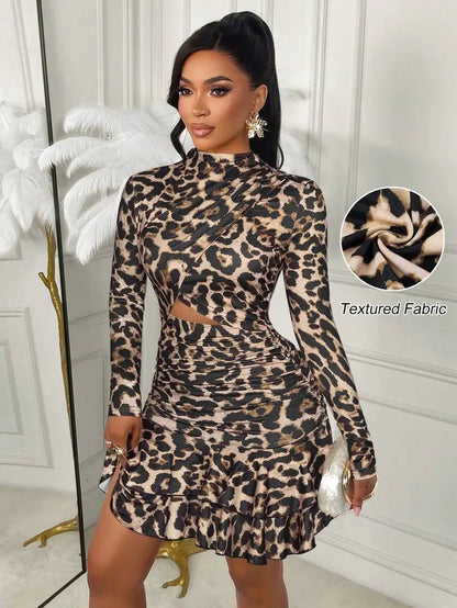 White Gold Floral Print Long Sleeve Cut-Out Mini Dress with Ruched Waist