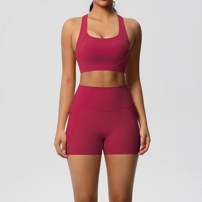 2PCS Sets Sportswear With Pocketed Yoga Suits For Women  Sports Shorts Crossover Bra Gym Leggings