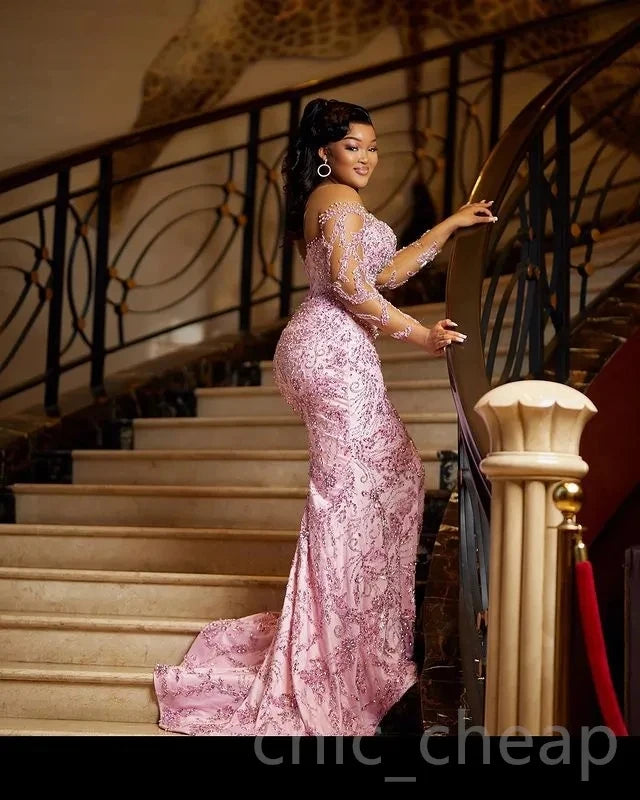 Pink African American Prom Dresses Mermaid Long Sleeves Lace Beaded Black Girls Nigeria Robe De Soiree Evening Gown Customized