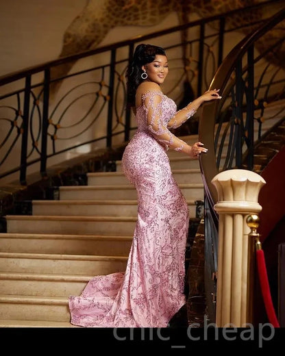 Pink African American Prom Dresses Mermaid Long Sleeves Lace Beaded Black Girls Nigeria Robe De Soiree Evening Gown Customized