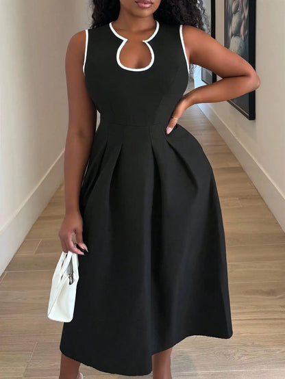 Black Solid A-Line Dress with White Trim U-Neck, Sleeveless Midi for Office or Casual