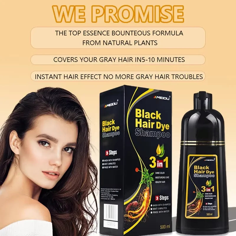 MEIDU 3 in 1 Hair Dye Shampoo - Can cover gray hairs,Herbal Ingredients,Contains Ginseng Extract,Natural Haircoloring, black hairdye