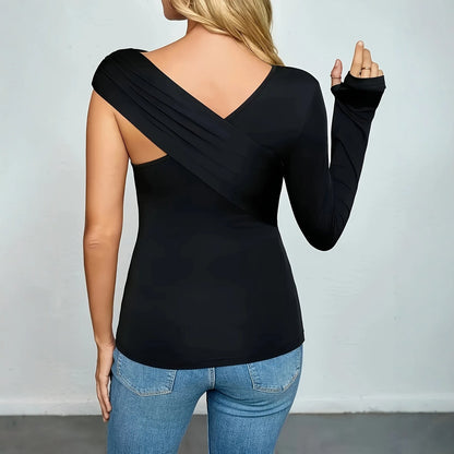 Elegant Cold Shoulder Long Sleeve V Neck T Shirt Pure Color Street Style Spring Summer Women's Fashion Polyester Spandex