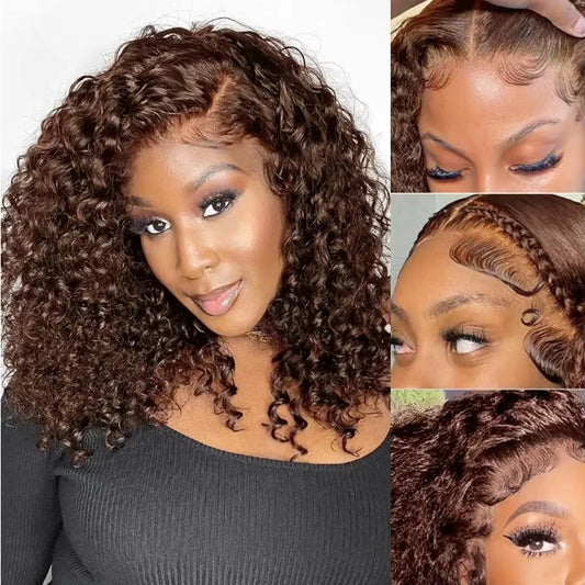 Chocolate Brown Short Bob Deep Wave 13x4 HD Lace Front Wigs Human Hair Brazilian Curly 7x5 Glueless Wig Ready to Go 250%