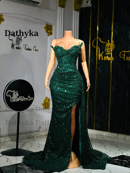 Dathyka Fashionable Crystals Prom Dresses for Women Sequin Mermaid Slit Pleat Strapless Evening Gown Vestidos De Gala Customized