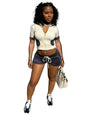 Women Sets Outfit Summer Streetwear Panelled Two Tone Slim Sports Short Sleeve Shorts Suits Zip Crop Tops Casual 2 Two Piece Set