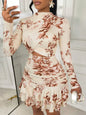 White Gold Floral Print Long Sleeve Cut-Out Mini Dress with Ruched Waist
