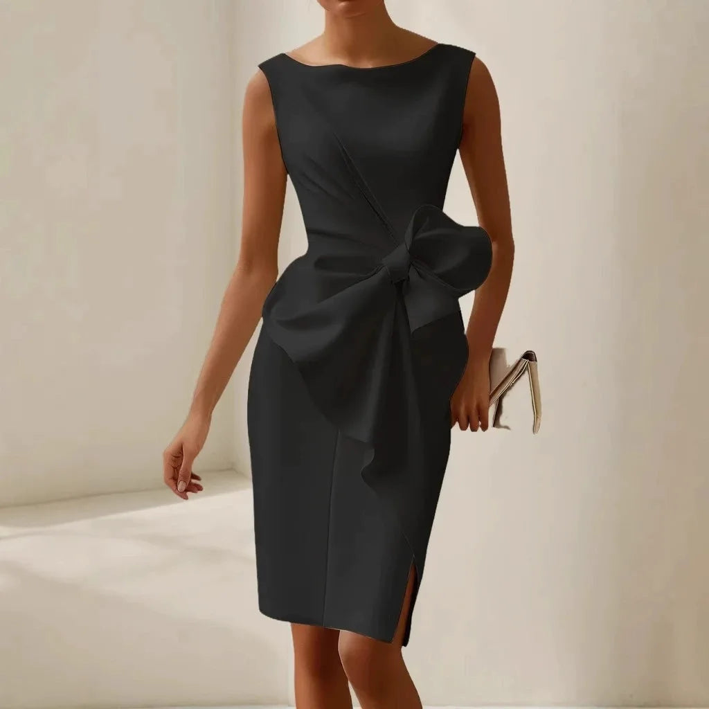 Elegant Evening Party Dresses For Women  Sleeless Slim Waist Big Bow Lace-up Hem Slit White Dress Robe Femme