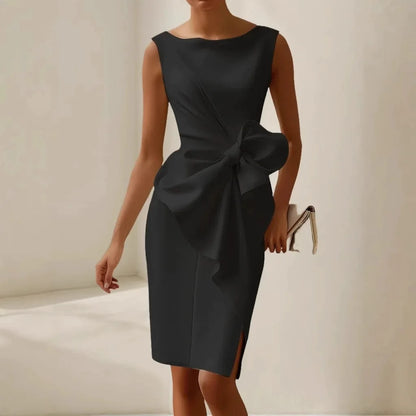 Elegant Evening Party Dresses For Women  Sleeless Slim Waist Big Bow Lace-up Hem Slit White Dress Robe Femme