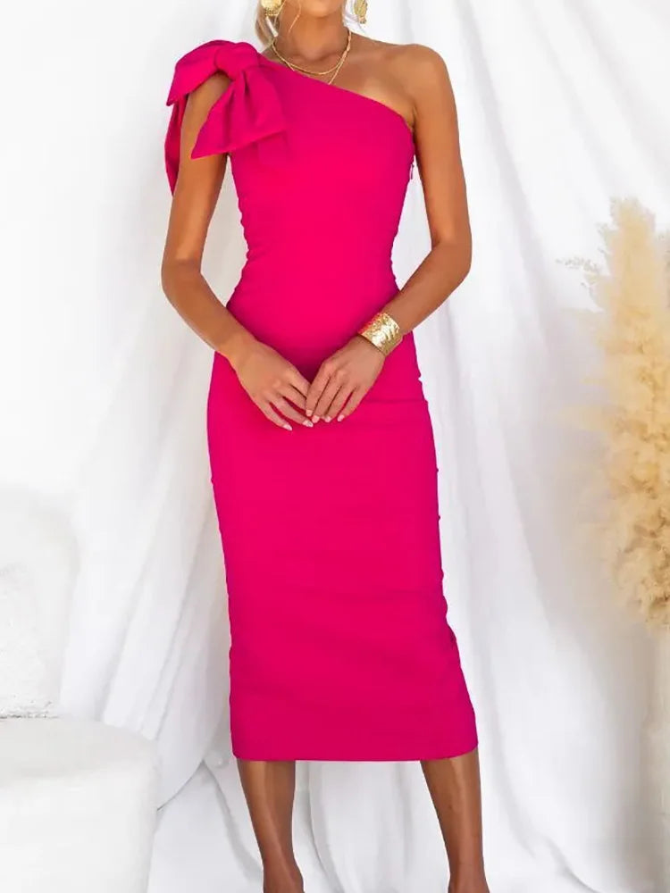 Women Fashion Maxi Dress, Sleeveless One Off Shoulder Elegant Party Dress, Skew Collar Bow Ladies Sheath Dress