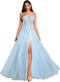 Customized Beaded Tulle Prom Dresses 2025 with Pockets Spaghetti Strap Formal Evening Dresses with Slit
