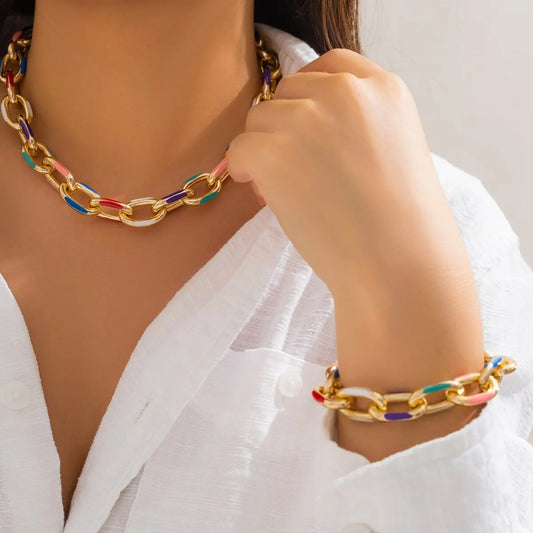 Bohemian Colorful Necklaces Bracelet Set punk Gold chain Choker Necklace Jewelry for Women