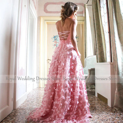Women's Prom Dresses Red Lace Flowers V Neck Backless Sexy Prom Gowns Long Side Slit A Line Sleeveless Luxury Formal Party Dress