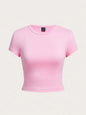Woman Solid Crop Tops Short Sleeve High Elastic T-Shirt Soft O-Neck Sporty Tees