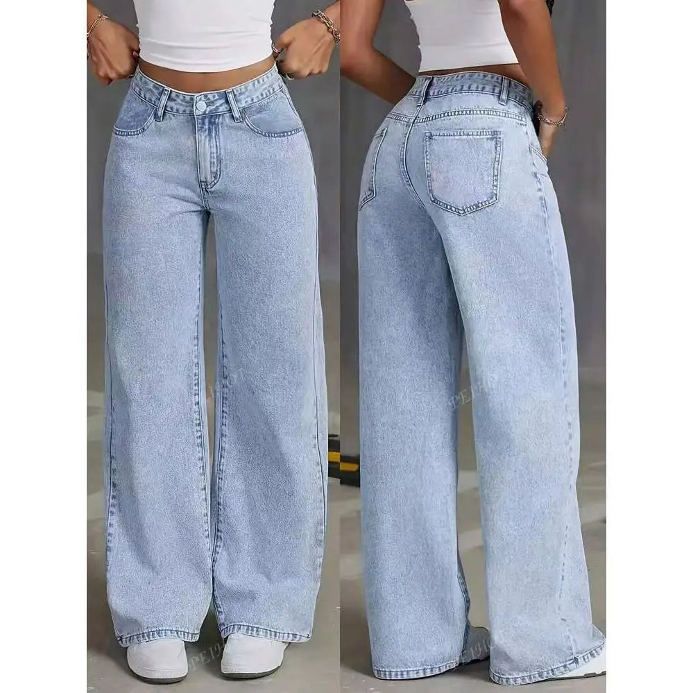 Size: S-5XL Women's Summer Autumn Wide-Leg Jeans High-Waist Plus-Size Jeans Straight-Leg Loose Casual Pants Girls Wide Leg Pants