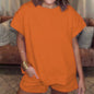 Women's Cotton Set Casual Loose Solid Color Two piece Set Round Neck Short sleeved Top and Shorts Two piece Set S-2XL