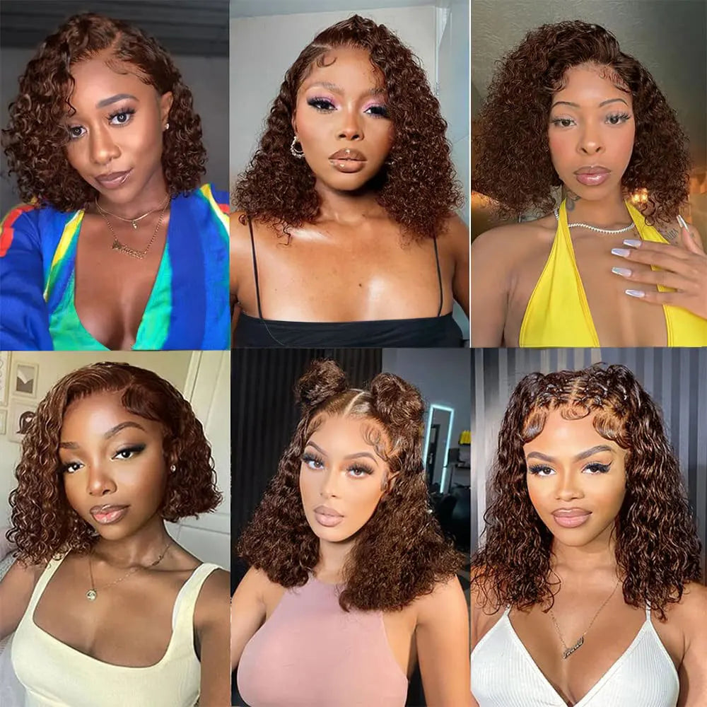 Chocolate Brown Short Bob Deep Wave 13x4 HD Lace Front Wigs Human Hair Brazilian Curly 7x5 Glueless Wig Ready to Go 250%