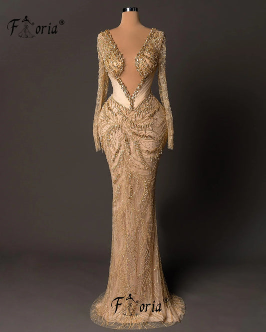 Champagne Mermaid Evening Dresses Beaded Crystal Deep V Neck Prom Dress Black Girls Long Formal Party Gown Robe Custom