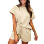 Women's Cotton Set Casual Loose Solid Color Two piece Set Round Neck Short sleeved Top and Shorts Two piece Set S-2XL