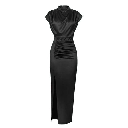 Women Colored Satin Zipper Split High Grade Dress Long Floor Length Dress