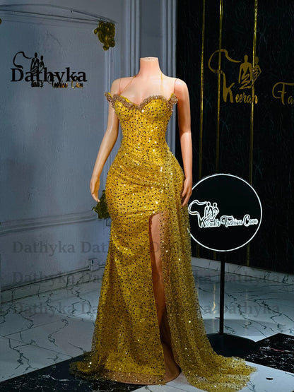 Dathyka Fashionable Crystals Prom Dresses for Women Sequin Mermaid Slit Pleat Strapless Evening Gown Vestidos De Gala Customized