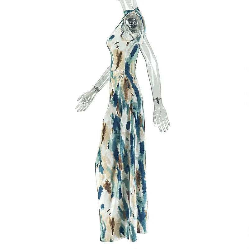 Women Sexy O-neck Sleeveless Dress Fashion Sundress Print Long Dresses Casual Street Party Maxi Dress Femme Vestidos