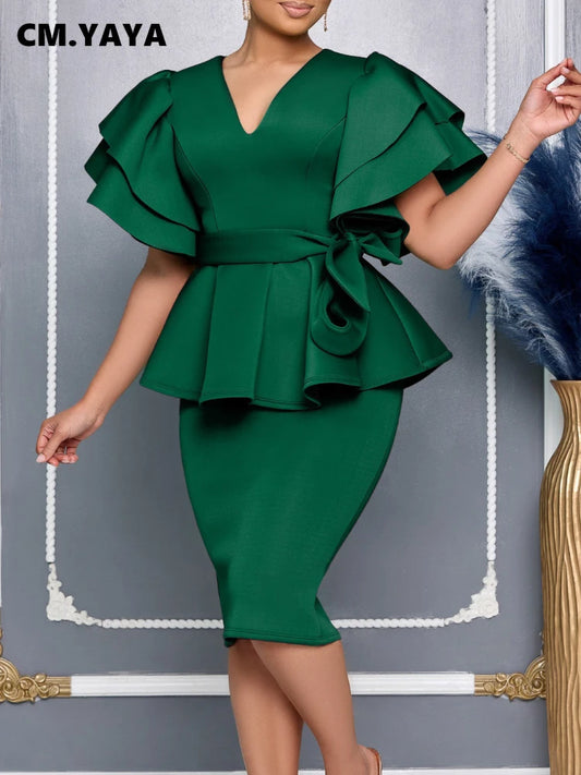 Women Short Sleeve V-neck Belt High Waist Midi Dress For Work Evening Dresses