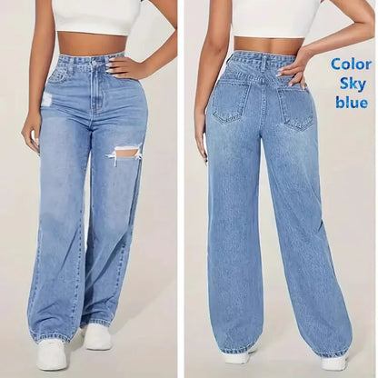 Ripped High-waisted Wide-leg Jeans. Fashionable and Versatile Casual Floor-length Jeans for Women