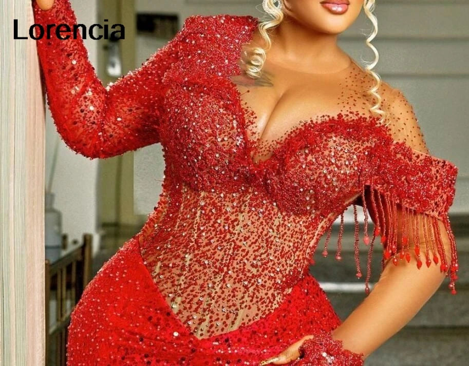 Customized Glitter Red Arabic Prom Dress Aso Ebi Sequins Beaded Women Long Sleeve Wedding Party Dress Birthday Gown YPD235