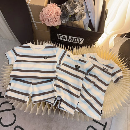Dad MomClothes Mother Daughter Equal Dresses Father and Son Clothing Korean Children Outfits Top and Baby Matching Striped