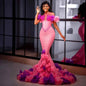 Colorful Ruffles Flower Mermaid Prom Dresses Sheer Neck Beaded Pink Evening Gowns African Sweep Train Formal Party Dress