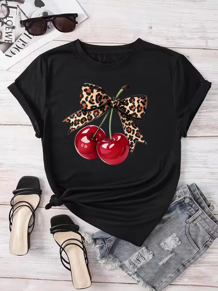 Fashion Cherry Print Women T-Shirt Short Sleeve Crew Neck Casual Tops for Summer Spring Women's Clothing Tops